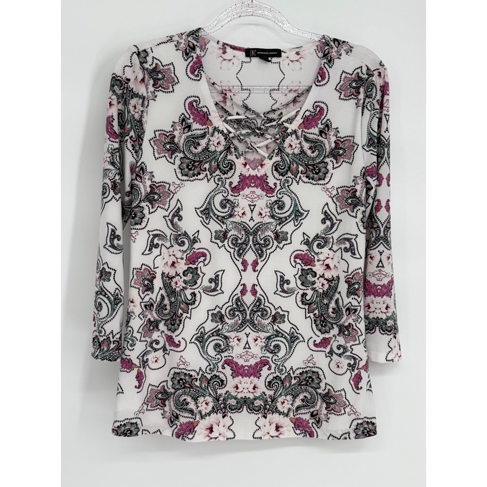 INC International Concepts Womens Paisley Lace Up V-Neck 3/4 Slv‎ Top White Sz S